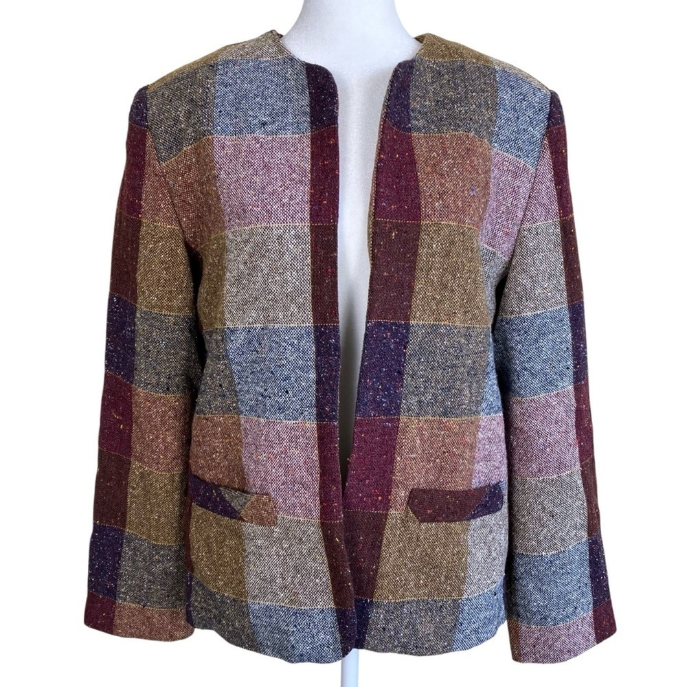 Willow Ridge Vintage Tweed Plaid Wool Blend Open Front Blazer Jacket Academia